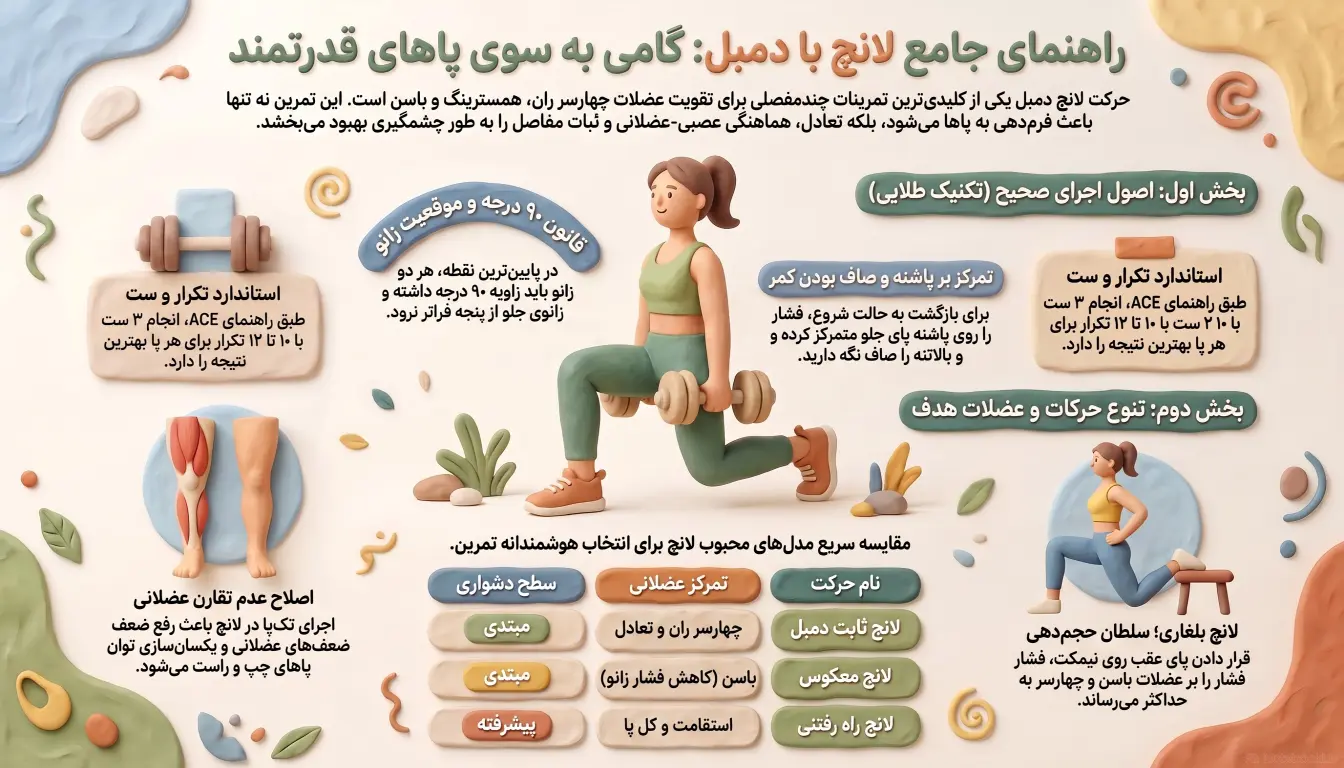 راهنمای اجرای صحیح حرکت لانچ دمبل ثابت-حرکت لانچ-حرکت لانگ