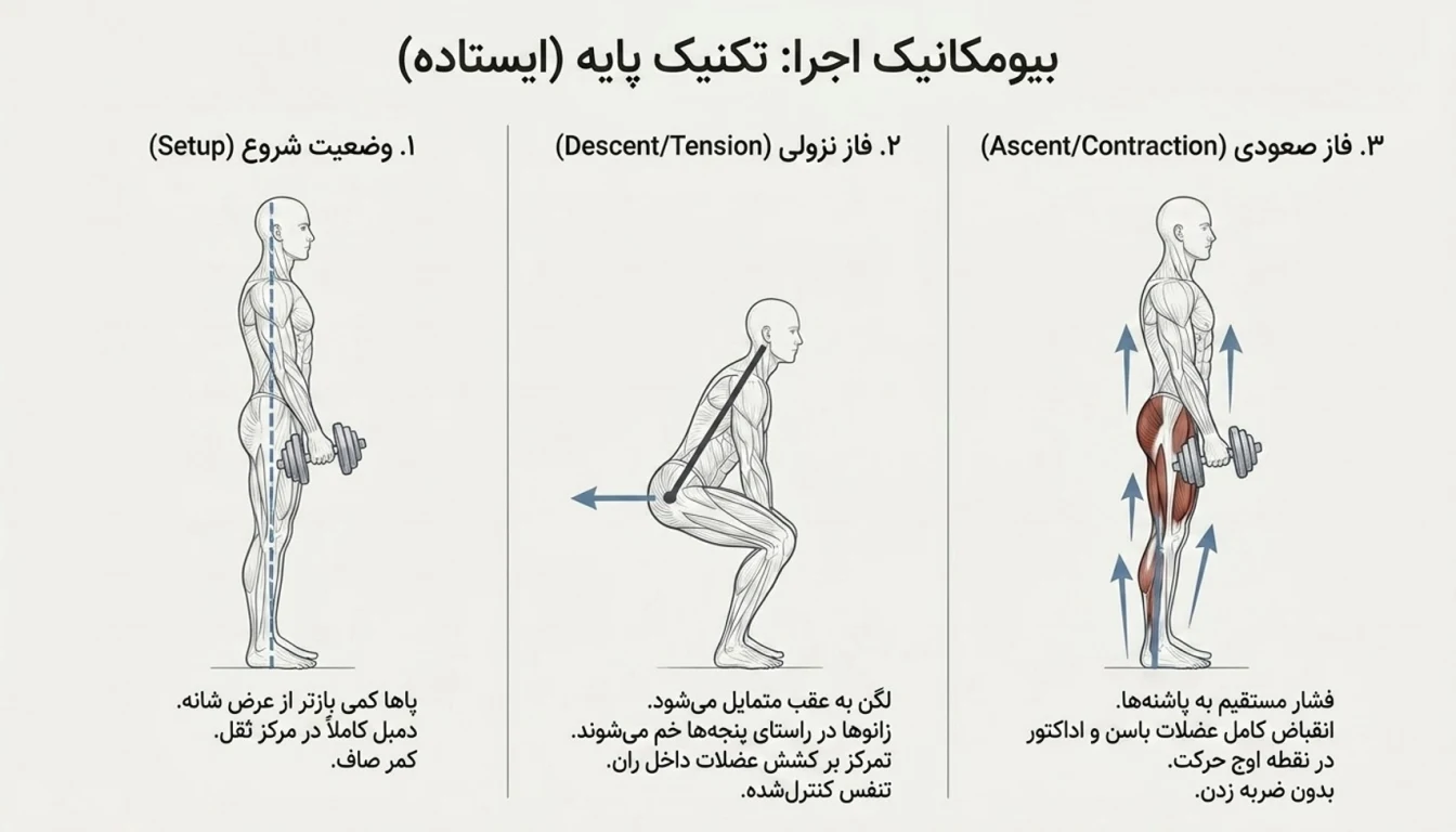 دمبل میان پا ایستاده (تکنیک پایه)