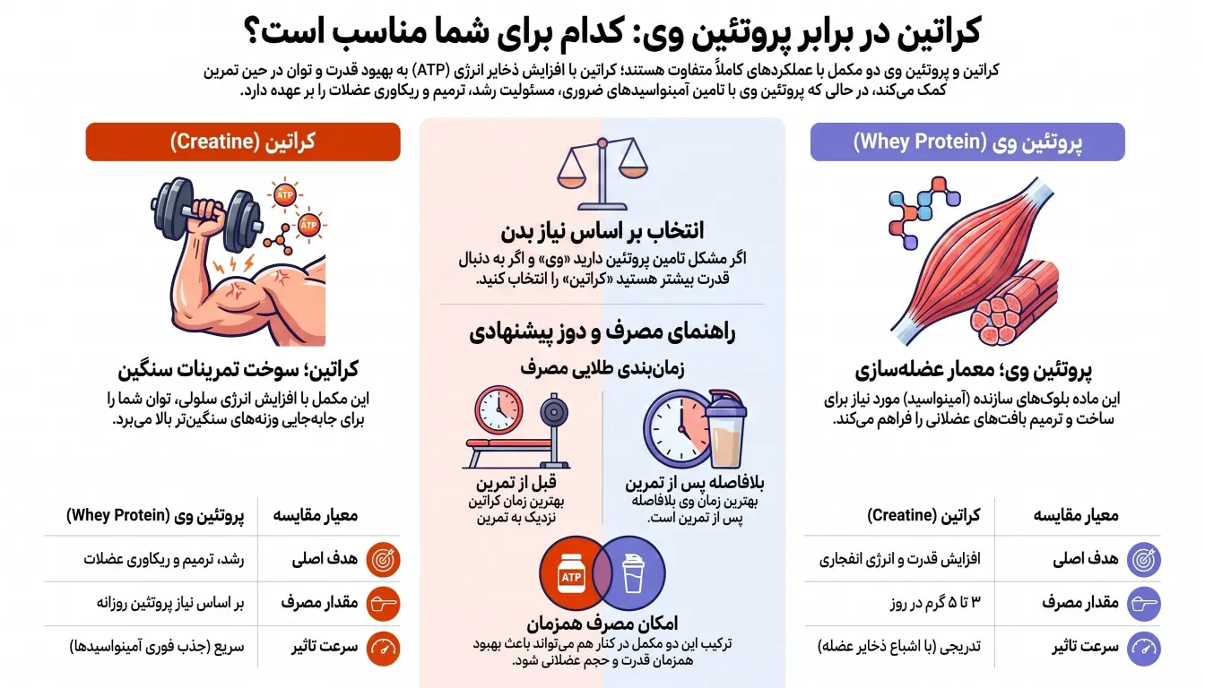 تفاوت کراتین و پروتئین وی چیست-مقایسه کراتین و پروتئین وی-کراتین بهتره یا وی-پارسی پودر