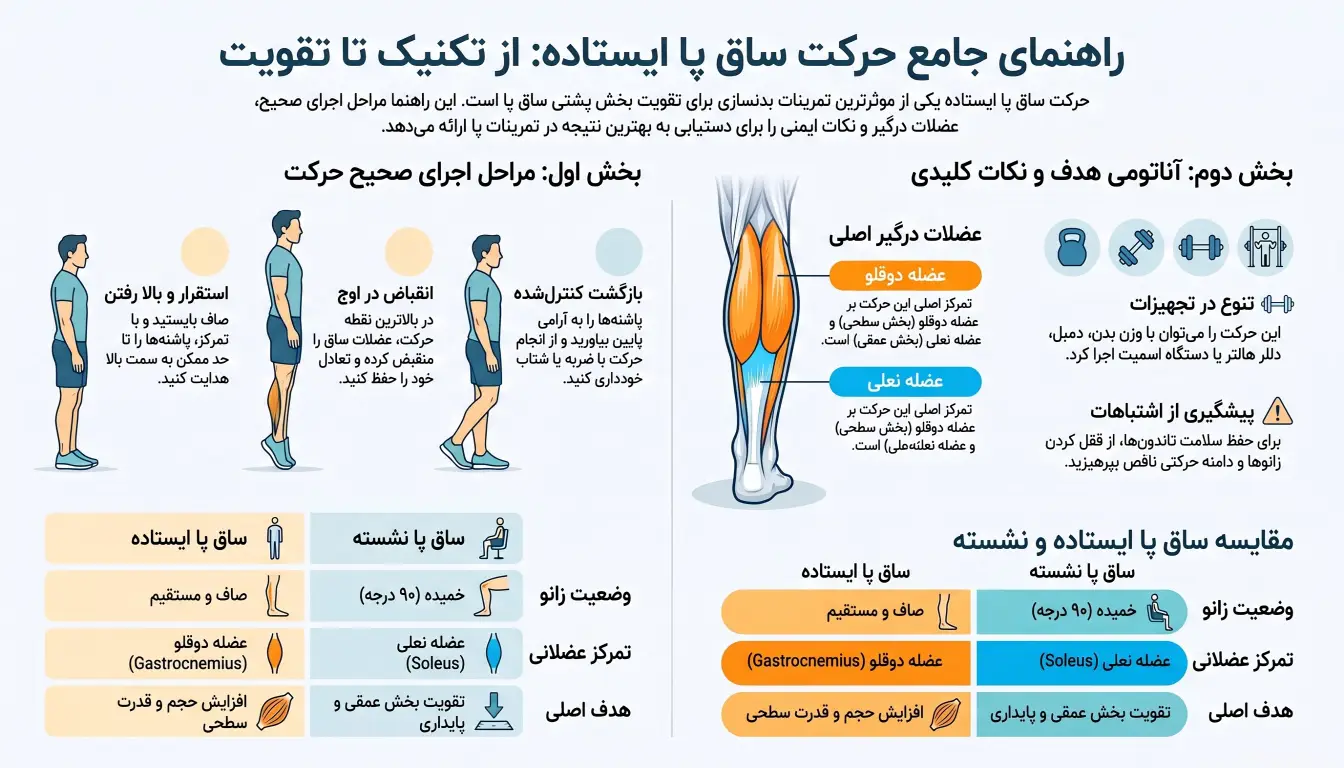 راهنمای اجرای صحیح حرکت ساق پا ایستاده-مقایسه ساق پا ایستاده و نشسته-عضلات درگیر در ساق پا ایستاده-پارسی پودر